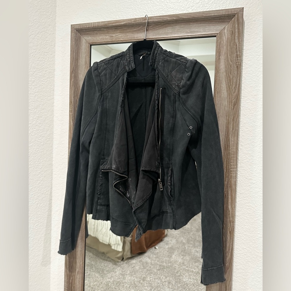 Free People Moto jacket, cloth distressed black-charcoal